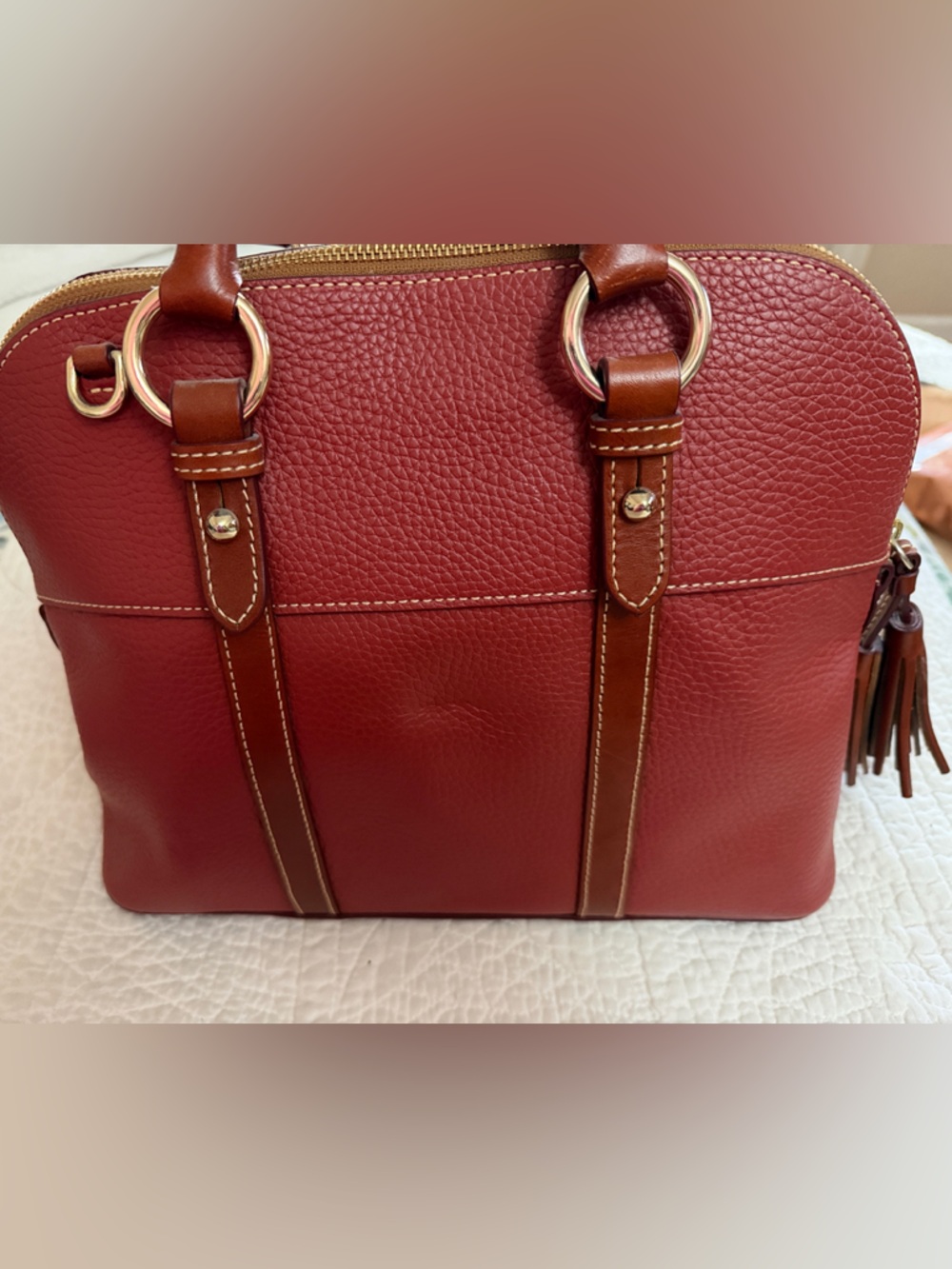 Dooney & Bourke Saddle (Reddish/Brown) Pebbled Leather Satchel with Tassel - Picture 4 of 7